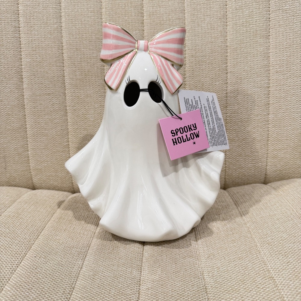 NWT LED Spooky Hollow Ghost Halloween Figurine Ceramic Light Up Stripe Bow Decor